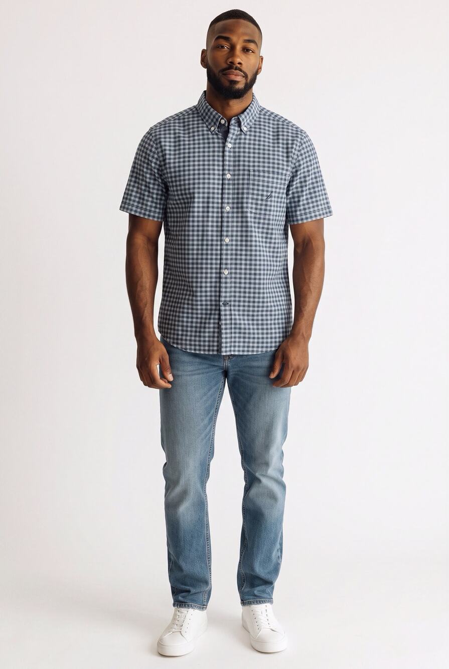 Nautica Stretch Short Sleeve Button Down Shirt Blue Plaid Front Pocket Large